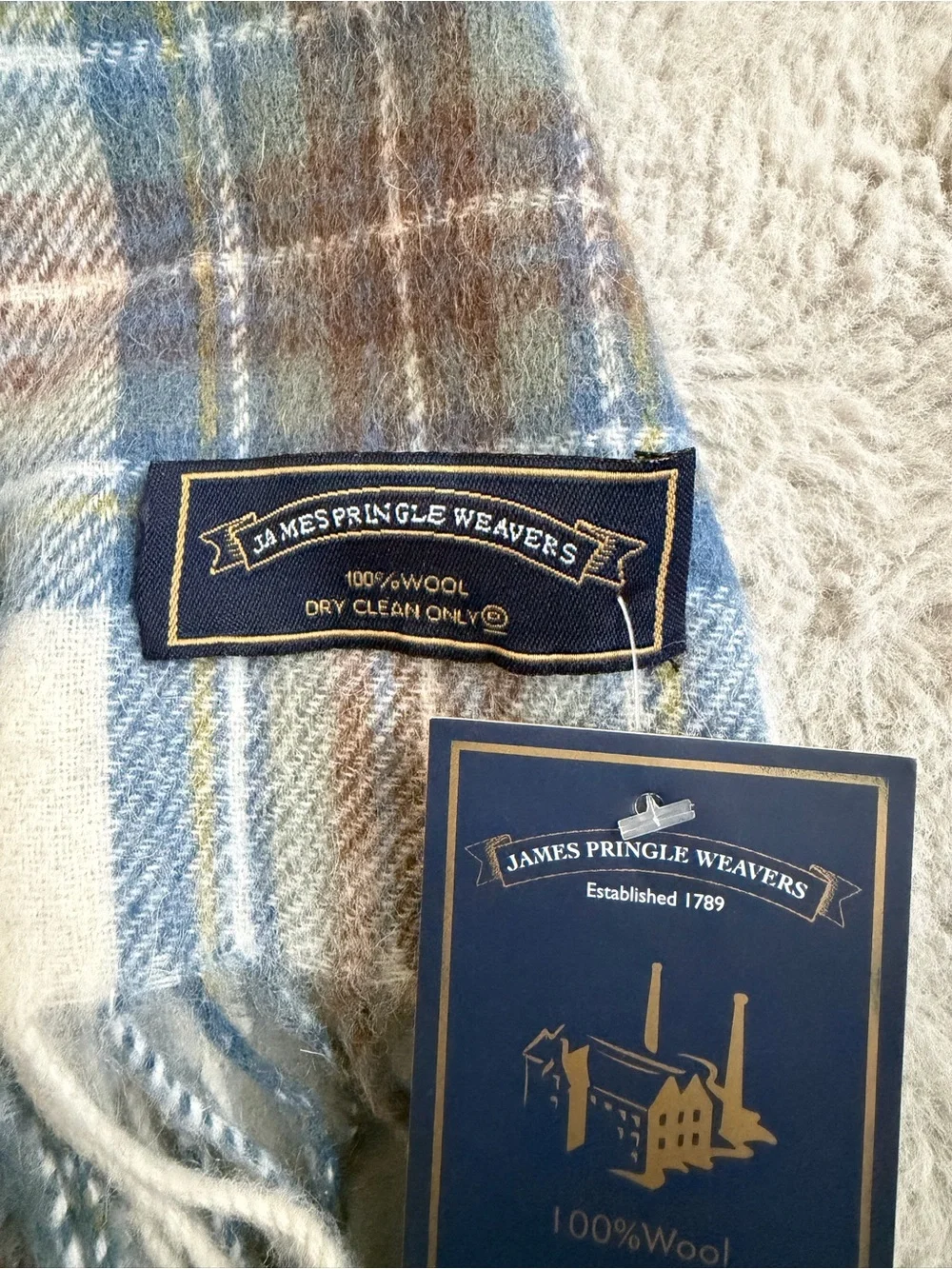James Pringle Weavers Classic Plaid Wool Scarf in Blue, Cream & Brown